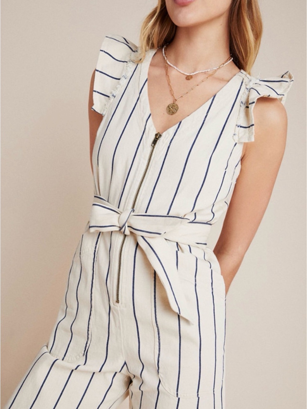 Anthropologie Cream Jumpsuit with Navy Stripes and Tie Waist
